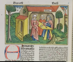 I Samuel 1: 8 Elkanah conforta Hannah, da Bíblia de Nuremberg (Biblia Sacra Germanaica) (xilogravura colorida)