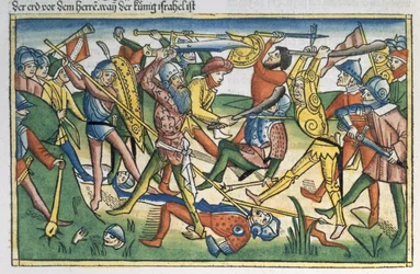 I Samuel 28 1-2 A Guerra dos Filisteus contra Israel, da Bíblia de Nuremberg (Biblia Sacra Germanaica) (xilogravura colorida)