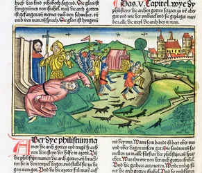 I Samuel 5: 1-11 Os filisteus tomam a arca e são atingidos pela praga da Bíblia de Nuremberg (Biblia Sacra Germanaica) (xilogravura colorida)