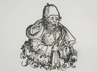 Retrato ideal de Guido Bonatti, cópia de uma ilustração de Liber Chronicarum por Hartmann Schedel, 1493, usada em A History of Magic no final do século XIX