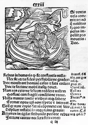 Ilustração do navio Stultifera mortais por Sebastian Brant, impresso por Johannes Schenspenger, 1497 (woocut)