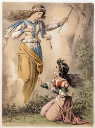 Ilustração dos contos de Franz Hoffmann "Contos e Fábulas - Os 3 Presentes": o desejo realizado por uma fada. Cromolitografia do século XIX.