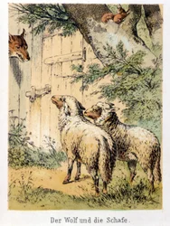 Ilustração dos contos de Franz Hoffmann "Contos e Fábulas - O lobo e as ovelhas": um lobo falando com as duas ovelhas. Cromolitografia do século XIX.