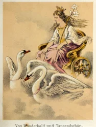 Ilustração dos contos de Franz Hoffmann "Contos e Fábulas - Von Wunderhold und Tausendsch¿n": uma carruagem carregando uma deusa abatida por 2 cisnes. Cromolitografia do século XIX.