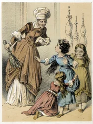 Ilustração dos contos de Franz Hoffmann "Contos e Fábulas - Les 3 Gifts": uma mulher abusou das 3 meninas. Cromolitografia do século XIX.