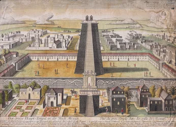 Reconstrução imaginária do Templo Principal (Templo Mayor) na Cidade do México (gravura colorida)