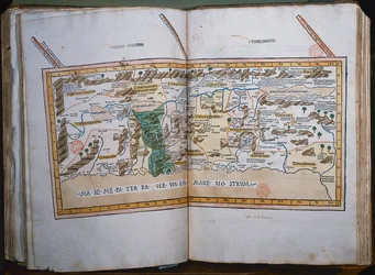 Inc. 425 Mapa da Terra Santa, baseado nas descrições e coordenadas dadas na Cosmographica, por Ptolemeu (Claudius Ptolemaeus de Alexandria) (c. 90-168 d.C.), publicado em Ulm, Alemanha, por Johann Reger fo