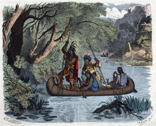Índios pescando a bordo de uma canoa em um rio na América. Em "Wenn Jemand eine Reise thut, so kann erzahlen" (Quando alguém viaja, isto é o que ele pode dizer), conto alemão de Franz Wiedemann