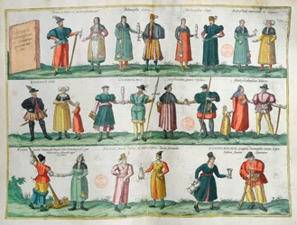 Habitantes de Dithmarschen (Dinamarca), placa ilustrada de Theatre des Cites du Monde por G. Braun, Koln, 1572-1618