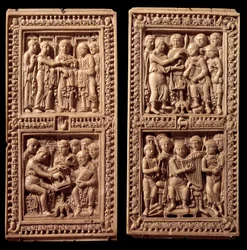 Encadernações de marfim do Saltério de Dagulfo: David, São Jerónimo. Foi encomendado por Carlos Magno ao escriba Dagulfo (ou Dagulfe) para o papa Adriano I. Fim do século VIII. De Aachen. Paris, Museu do Louvre