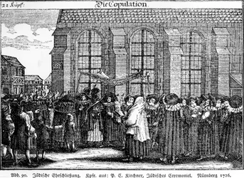 Procissão de casamento judaico por Georg Puschner de Kirchners Jüdisches Ceremoniel, 1726