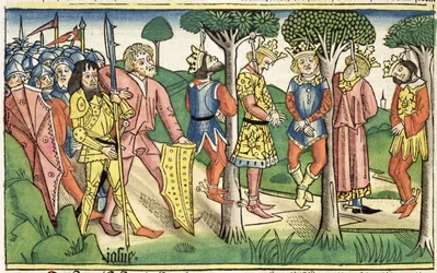 Josué 10 16-27 A Execução dos cinco Reis, da "Bíblia de Nuremberga (Biblia Sacra Germanaica)" (xilogravura colorida)