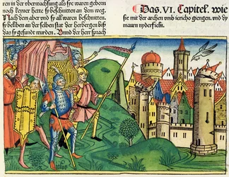 Josué 6 4-21 A Queda de Jericó, da Bíblia de Nuremberg (Biblia Sacra Germanaica) (xilogravura colorida)