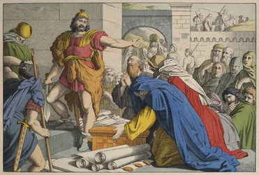 Judas Macabeu em Maspha, ilustração de LAncien Testament, publicado por Jakob Ferdinand Schreiber, Esslingen (gravura a cores)