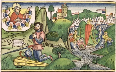 Juízes 6 36 Gideão tira o velo da Bíblia de Nuremberg (Biblia Sacra Germanaica) (xilogravura colorida)