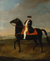 Rei Frederico Guilherme I a cavalo com Potsdam ao fundo, c.1735