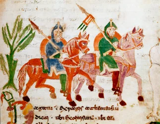 Cavaleiros com cavalos Miniatura do manuscrito "De Universo" ou "De rerum naturis" (Da Natureza das Coisas) de Rabanus Maurus Magnentius (ou Raban Maur ou Rabano Mauro, ca. 780-856). Século IX. Arquivo da Abadia de Monte Cassino (Monte Cassin)