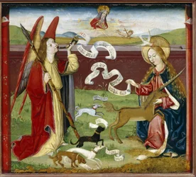 A Anunciação. A Caça Mística do Unicórnio. O Arcanjo Gabriel sopra a mensagem divina num chifre à Virgem Maria, que recebe a pomba do Espírito Santo, enquanto um unicórnio está a caminho.