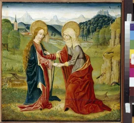 A visitação. (A Virgem Maria visita a sua prima Santa Isabel, grávida de São João Baptista). Pintura por um mestre do Haut Rhin (activo do século XV), óleo sobre madeira