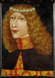 Ladislau Postumus, rei da Hungria e da Boémia, nascido em 1440, quatro meses após a morte de seu pai, o rei Albrecht II ... (pergaminho sobre madeira)