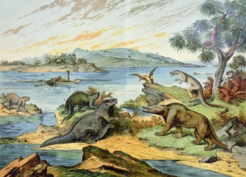 Paisagem que representa o período Cretácico (há 146 a 65 milhões de anos), ilustração de História Natural da Mineralogia e Paleontologia de G. H. von Schubert, 1888