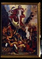 A Ascensão de Cristo (Ressurreição). Ele segura uma cruz de bastão (baton-croix) no final da qual flutua uma bandeira branca (padrão) atingida por uma cruz vermelha. À esquerda, a descida de Jesus Cristo ao limbo. Pintura por um mestre al