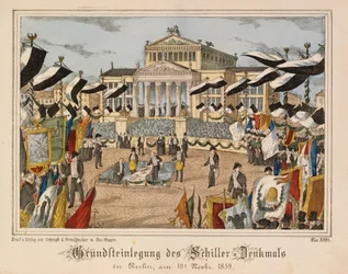 Colocação da pedra fundamental do monumento Schiller na Gendarmenmarkt, Berlim, 10 de novembro de 1859, com o Schauspielhaus ao fundo, da Neuruppiner Bilderbogen, publicado pela Oehmigle & Ri