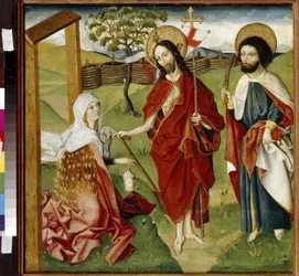 Cristo, Maria Madalena e São Bartolomeu. Talvez uma representação de "Noli me tangere": a visão do Cristo ressuscitado a Santa Maria Madalena. Jesus Cristo segurando um drapeado