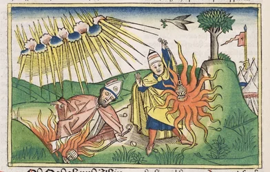 Levítico 10 1-2 Nadabe e Abiú oferecem fogo impuro e morrem da Bíblia de Nuremberg (Biblia Sacra Germanaica) (xilogravura colorida)