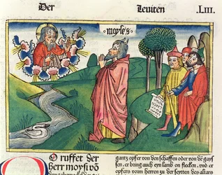 Levítico 1 1-7 A Lei das Ofertas, da Bíblia de Nuremberg (Biblia Sacra Germanaica) (xilogravura colorida)