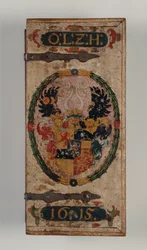 Tampa da caixa de parafusos de besta pertencente ao Príncipe Otto von Hesse, 1615 (madeira pintada) (ver também 312140-43)