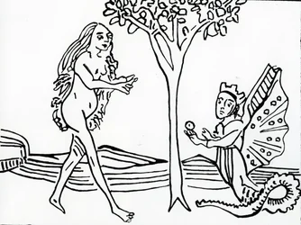 Lilith, alada e coroada, com cauda de serpente, oferece a maçã a Eva, de «Speculum Humanae Salvationis», segundo o original de 1470