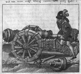 Carregando um canhão através da culatra, ilustração de &39;L&39;Art de l&39;Artillerie&39; por Wolff de Senftenberg, final do século XVI (lápis e wc no papel) (foto de bw)