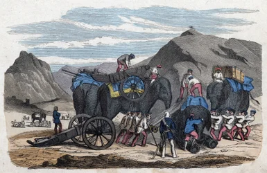 A carregar elefantes para a viagem do Sr. Bock a Dresden. Em "Wenn Jemand eine Reise thut, so kann erzahlen" (Quando alguém viaja, é isto que ele pode contar), conto alemão de Franz Wiedemann