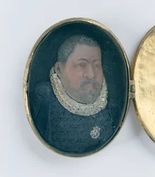 Medalhão contendo miniatura de cera do Landgrave Wilhelm IV (prata dourada e cera) (detalhe de 312102 e 312135)