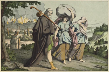 Lot e suas filhas fugindo, ilustração de LAncien Testament, publicado por Jakob Ferdinand Schreiber, Esslingen (gravura colorida)