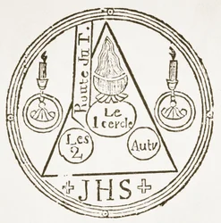 Magic Circle, cópia de uma ilustração de Dreyfacher Hollenzwang por Dr. Faustens, Passau 1407, Reproduzido em Das Kolster Vol V, por J Scheible, 1845, usado em uma História da Magia, publicado no final do século XIX