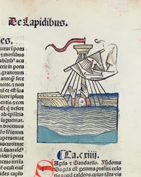 Homem descendo em um barco naufragado, ilustração de Hortus Sanitatis, 1491 (xilogravura colorida)