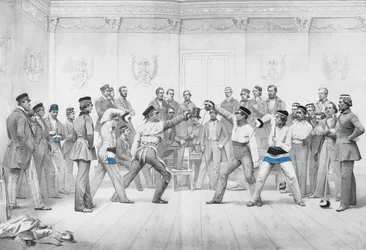 Mensuren ou membros estudantes da associação de duelo de Dresden no seu uniforme azul, branco e preto