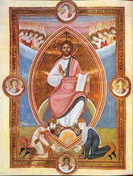 Cristo em miniatura representando uma auréola em forma de amêndoa com o Imperador Conrado II e a Imperatriz Gisela a seus pés (vellum)