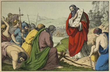 Moisés e as tábuas da Lei, ilustração de LAncien Testament, publicado por Jakob Ferdinand Schreiber, Esslingen (gravura a cores)