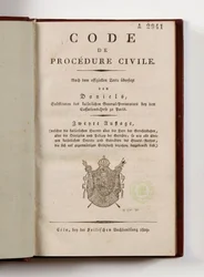 Código Napoleônico de processo civil para os departamentos franceses da margem esquerda do Reno, aberto na página de título, Koln, 1809 (impresso)