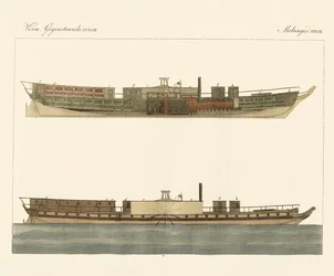 Comércio de barcos a vapor norte-americano (gravação a cores)