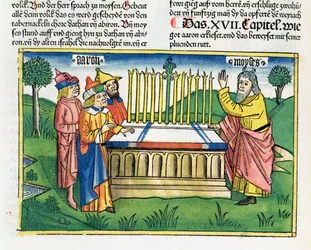 Números 17 1-11 A equipe de Aarão floresce no altar, da Bíblia de Nuremberg (Biblia Sacra Germanaica) (xilogravura colorida)