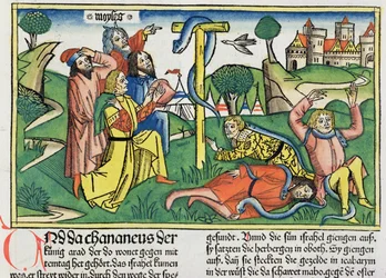 Numere 21 4-9 Cobras venenosas mordem israelitas rebeldes, da Bíblia de Nuremberg (Biblia Sacra Germanaica) (xilogravura colorida)