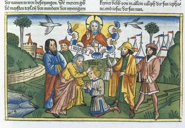 Números 27 18-23 Moisés põe a mão sobre Josué, da Bíblia de Nuremberg (Biblia Sacra Germanaica) (xilogravura colorida)