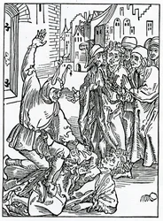 De brekynge e hurtynge de amyte e frendshyp, ilustração da tradução inglesa de Alexander Barclay de &39;The Ship of Fools&39;, de uma edição publicada em 1874