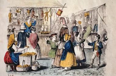 Mercado ao ar livre na Alemanha, c.1860 (gravura a cores)