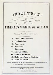 Página com apresentação de aberturas de várias óperas de Carl Maria von Weber (litho)