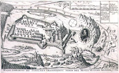 Plano da fortaleza de granito perto de Nova Serinwar em 1664, ilustração de um livro sobre as campanhas otomanas na Europa, gravado por Paul Furst (c.1605-66) (gravura)